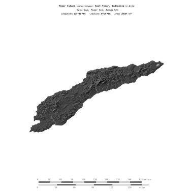 Timor Island in the Savu Sea, shared between: East Timor, Indonesia, isolated on a bilevel elevation map, with distance scale clipart