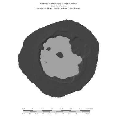 Güney Pasifik Okyanusu 'ndaki Niuafoou Adası, Tonga' ya ait, bir bilek yüksekliği haritasında izole edilmiş, mesafe ölçeğinde.