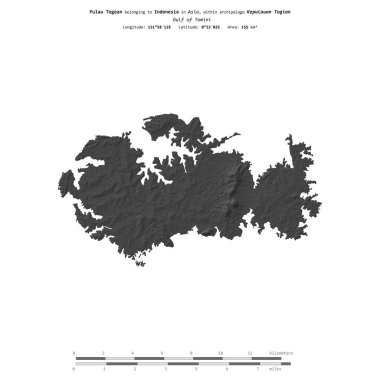 Tomini Körfezi 'ndeki Pulau Togean, Endonezya' ya ait, bir bilek yüksekliği haritasında izole edilmiş, mesafe ölçeğinde.