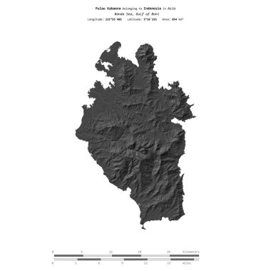 Pulau Kabaena in the Banda Sea, belonging to Indonesia, isolated on a bilevel elevation map, with distance scale clipart