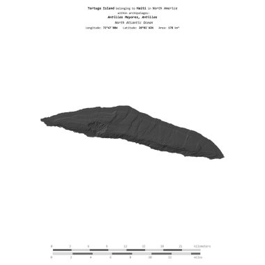 Kuzey Atlantik Okyanusu 'ndaki Tortuga Adası, Haiti' ye ait, bir bilek yüksekliği haritasında izole edilmiş, mesafe ölçeğinde.