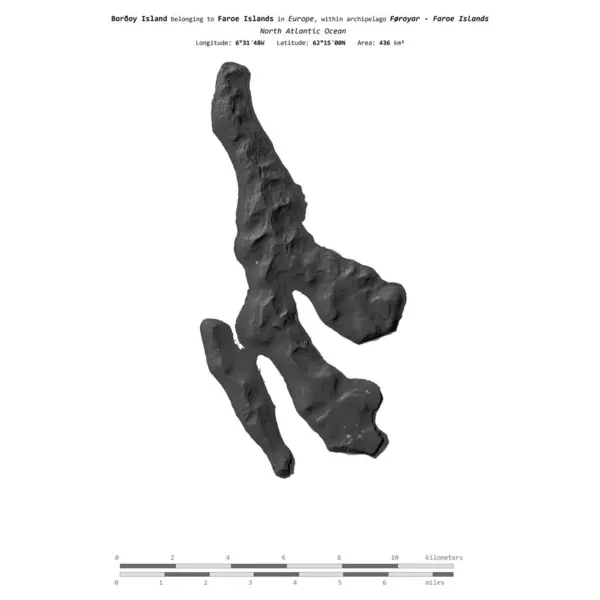 stock image Boroy Island in the North Atlantic Ocean, belonging to Faroe Islands, isolated on a bilevel elevation map, with distance scale