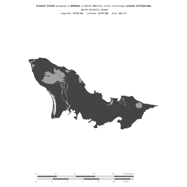 stock image Crooked Island in the North Atlantic Ocean, belonging to Bahamas, isolated on a bilevel elevation map, with distance scale