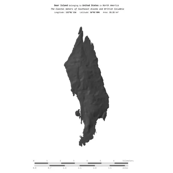 stock image Deer Island in the The Coastal Waters of Southeast Alaska and British Columbia, belonging to United States, isolated on a bilevel elevation map, with distance scale