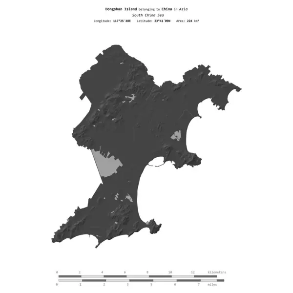 Stock image Dongshan Island in the South China Sea, belonging to China, isolated on a bilevel elevation map, with distance scale