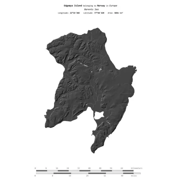 stock image Edgeya Island in the Barents Sea, belonging to Norway, isolated on a bilevel elevation map, with distance scale