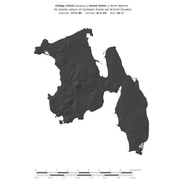 stock image Fidalgo Island in the The Coastal Waters of Southeast Alaska and British Columbia, belonging to United States, isolated on a bilevel elevation map, with distance scale