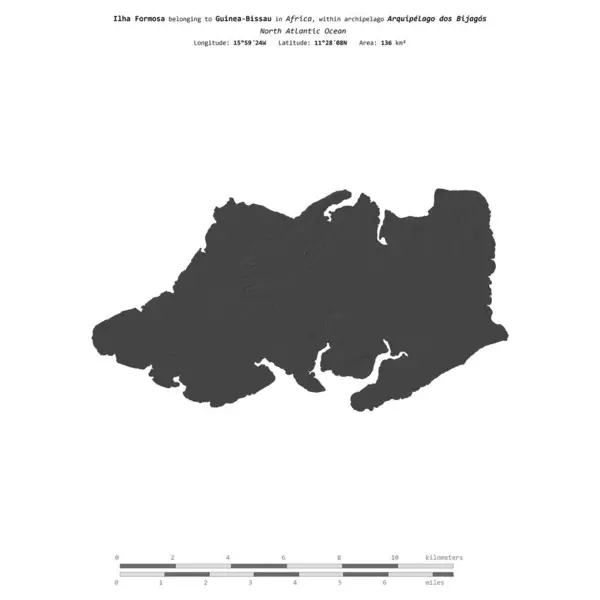 stock image Ilha Formosa in the North Atlantic Ocean, belonging to Guinea-Bissau, isolated on a bilevel elevation map, with distance scale