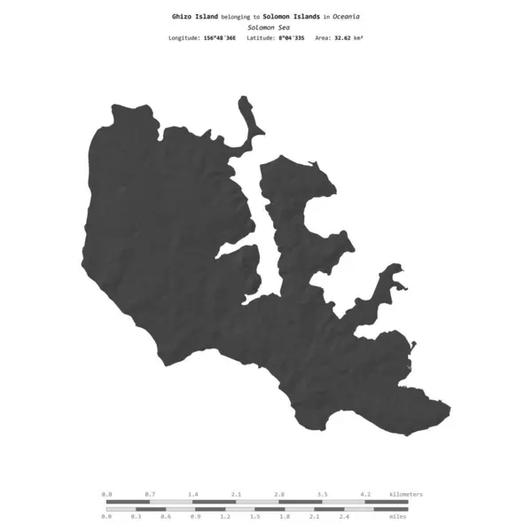 stock image Ghizo Island in the Solomon Sea, belonging to Solomon Islands, isolated on a bilevel elevation map, with distance scale