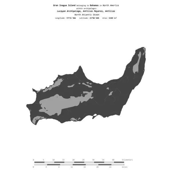 stock image Gran Inagua Island in the North Atlantic Ocean, belonging to Bahamas, isolated on a bilevel elevation map, with distance scale