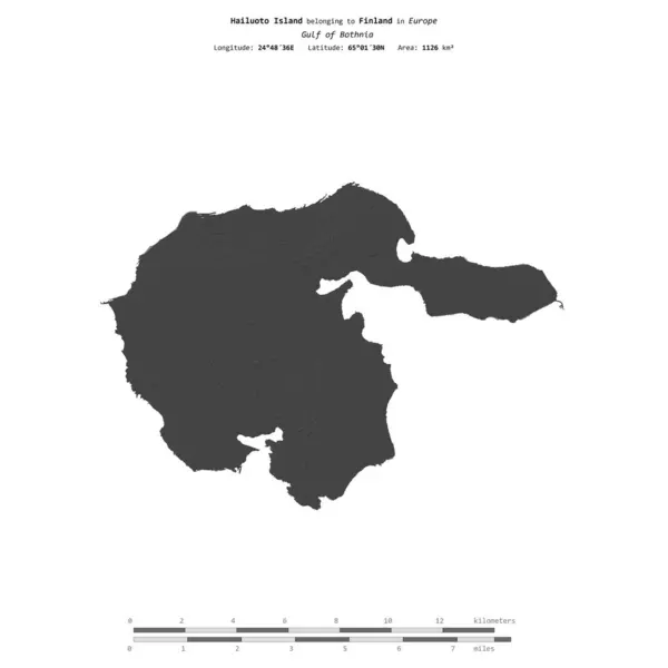 stock image Hailuoto Island in the Gulf of Bothnia, belonging to Finland, isolated on a bilevel elevation map, with distance scale