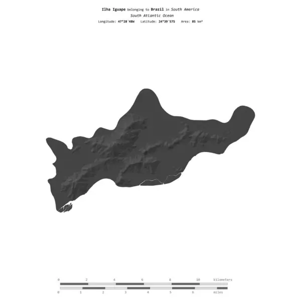 stock image Ilha Iguape in the South Atlantic Ocean, belonging to Brazil, isolated on a bilevel elevation map, with distance scale