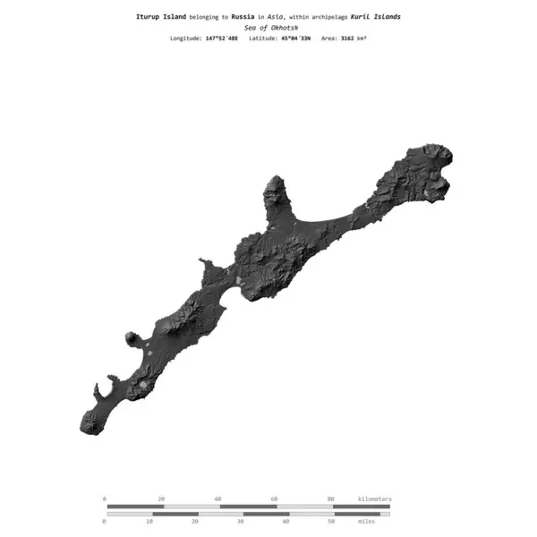 stock image Iturup Island in the Sea of Okhotsk, belonging to Russia, isolated on a bilevel elevation map, with distance scale