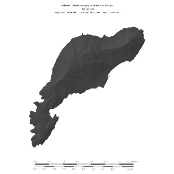 stock image Kalamos Island in the Ionian Sea, belonging to Greece, isolated on a bilevel elevation map, with distance scale