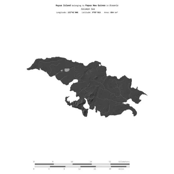 stock image Muyua Island in the Solomon Sea, belonging to Papua New Guinea, isolated on a bilevel elevation map, with distance scale