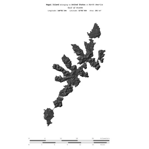 stock image Nagai Island in the Gulf of Alaska, belonging to United States, isolated on a bilevel elevation map, with distance scale