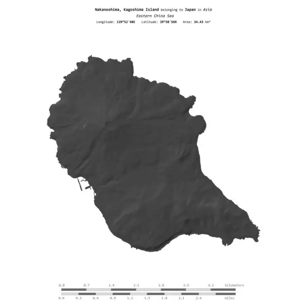 stock image Nakanoshima, Kagoshima Island in the Eastern China Sea, belonging to Japan, isolated on a bilevel elevation map, with distance scale