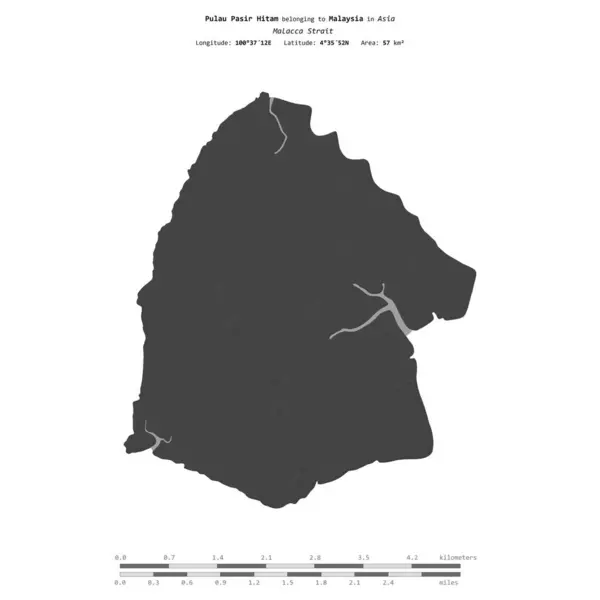 stock image Pulau Pasir Hitam in the Malacca Strait, belonging to Malaysia, isolated on a bilevel elevation map, with distance scale