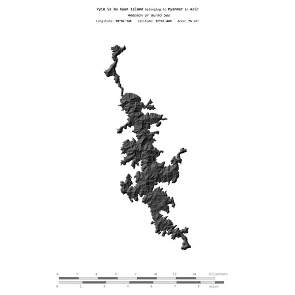 stock image Pyin Sa Bu Kyun Island in the Andaman or Burma Sea, belonging to Myanmar, isolated on a bilevel elevation map, with distance scale