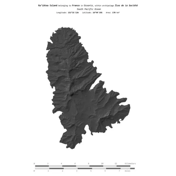 stock image Raiatea Island in the South Pacific Ocean, belonging to France, isolated on a bilevel elevation map, with distance scale