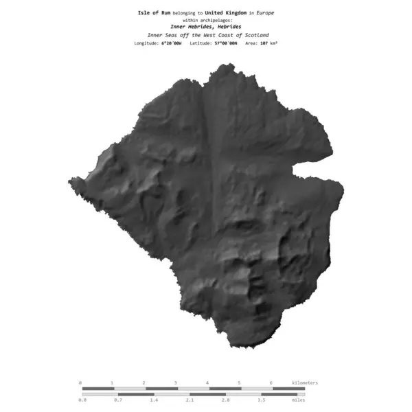 stock image Isle of Rum in the Inner Seas off the West Coast of Scotland, belonging to United Kingdom, isolated on a bilevel elevation map, with distance scale