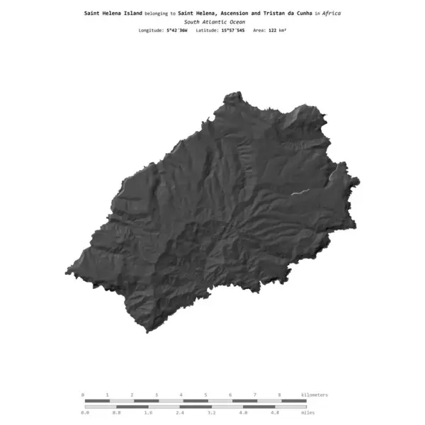 stock image Saint Helena Island in the South Atlantic Ocean, belonging to Saint Helena, Ascension and Tristan da Cunha, isolated on a bilevel elevation map, with distance scale