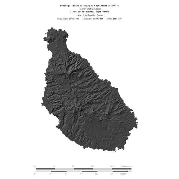 stock image Santiago Island in the North Atlantic Ocean, belonging to Cape Verde, isolated on a bilevel elevation map, with distance scale