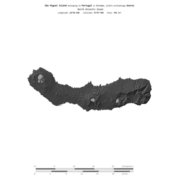 stock image Sao Miguel Island in the North Atlantic Ocean, belonging to Portugal, isolated on a bilevel elevation map, with distance scale