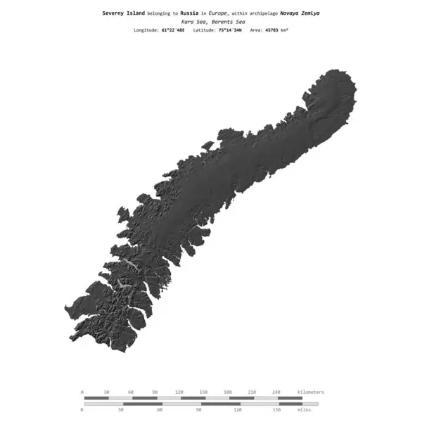 stock image Severny Island in the Kara Sea, belonging to Russia, isolated on a bilevel elevation map, with distance scale