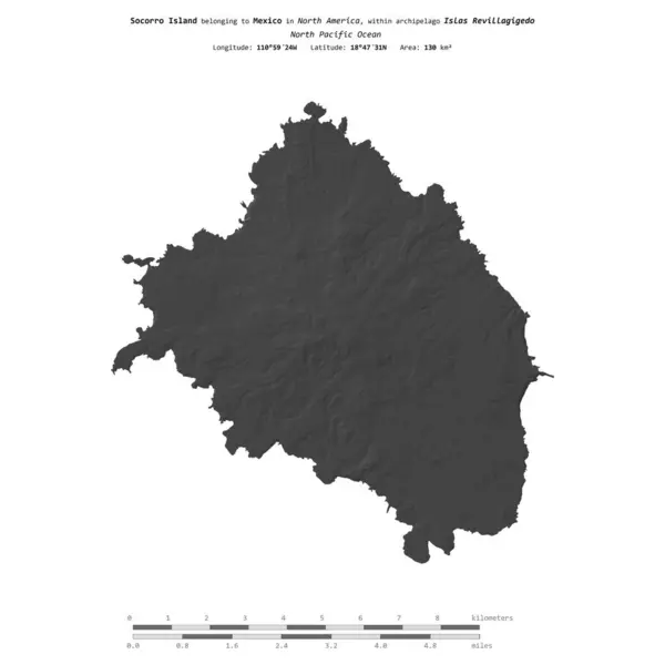 stock image Socorro Island in the North Pacific Ocean, belonging to Mexico, isolated on a bilevel elevation map, with distance scale