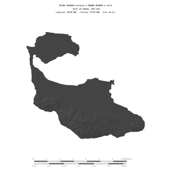 stock image Tiran Island in the Red Sea, belonging to Saudi Arabia, isolated on a bilevel elevation map, with distance scale