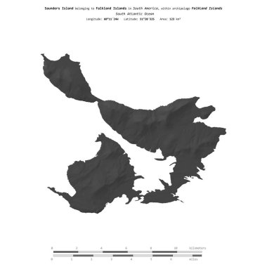 Falkland Adaları 'na ait olan Güney Atlantik Okyanusu' ndaki Saunders Adası, bir bilek yüksekliği haritasında izole edilmiştir.