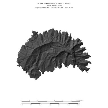 Güney Pasifik Okyanusu 'ndaki Ua Huka Adası, Fransa' ya ait, bir bilek yüksekliği haritasında izole edilmiş, mesafe ölçeğinde.