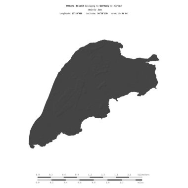 Baltık Denizi 'ndeki Ummanz Adası, Almanya' ya ait, bir bileklik yükseklik haritasında izole edilmiş, mesafe ölçeğinde.