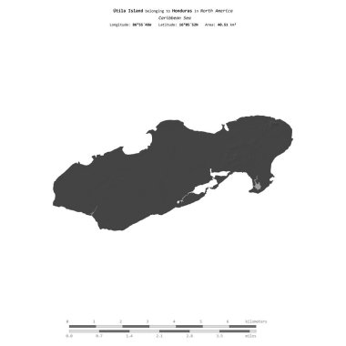 Karayip Denizi 'ndeki Utila Adası, Honduras' a ait, bir bilek yüksekliği haritasında izole edilmiş, mesafe ölçeğinde.