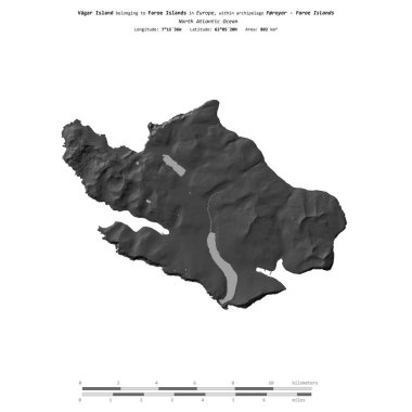 Kuzey Atlantik Okyanusu 'ndaki Vagar Adası, Faroe Adalarına ait, bir bilek yüksekliği haritasında izole edilmiş, mesafe ölçeğinde.