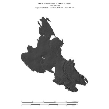 Hırvatistan 'a ait Adriyatik Denizi' ndeki Veglia Adası, uzaklık ölçeğinde bir bilek yüksekliği haritasında izole edilmiş durumda.