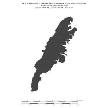 Wa'ab Island in the Philippine Sea, belonging to Federated States of Micronesia, isolated on a bilevel elevation map, with distance scale clipart