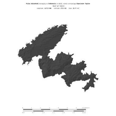 Tomini Körfezi 'ndeki Pulau Waleakodi, Endonezya' ya ait, bir bilek yüksekliği haritasında izole edilmiş, mesafe ölçeğinde.