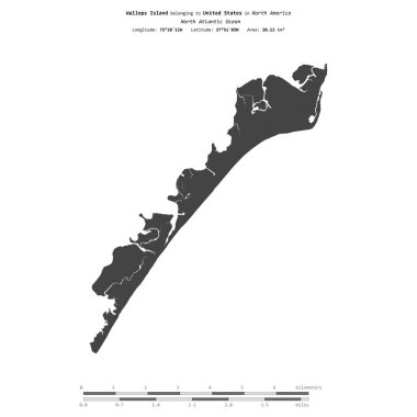 Birleşik Devletlere ait Kuzey Atlantik Okyanusu 'ndaki Wallops Adası, bir bilek yüksekliği haritasında izole edilmiş, mesafe ölçeğinde.