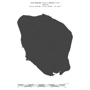 Banda Denizi 'ndeki Pulau Wangiwangi, Endonezya' ya ait, bir bilek yüksekliği haritasında izole edilmiş, mesafe ölçeğinde.
