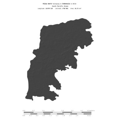 Güney Pasifik Okyanusu 'ndaki Pulau Warir, Endonezya' ya ait, bir bilek yüksekliği haritasında izole edilmiş, mesafe ölçeğinde.
