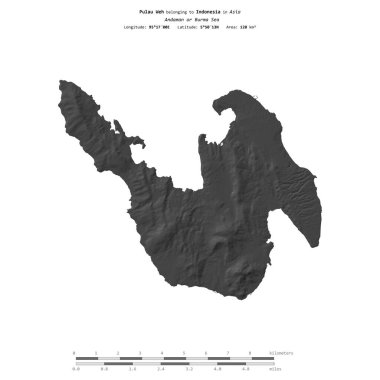 Endonezya 'ya ait Andaman veya Burma Denizi' ndeki Pulau Weh, bir bilek yüksekliği haritasında izole edilmiş, mesafe ölçeğinde.