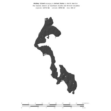 Güneydoğu Alaska ve Britanya Kolumbiyası 'nın Sahil Suları' ndaki Whidbey Adası, Birleşik Devletlere ait, bir bilek yüksekliği haritasında izole edilmiş, mesafe ölçeğinde.