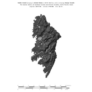 Amerika Birleşik Devletleri 'ne ait Kuzey Pasifik Okyanusu' ndaki Yakobi Adası, bir bilek yüksekliği haritasında izole edilmiş, mesafe ölçeğinde.