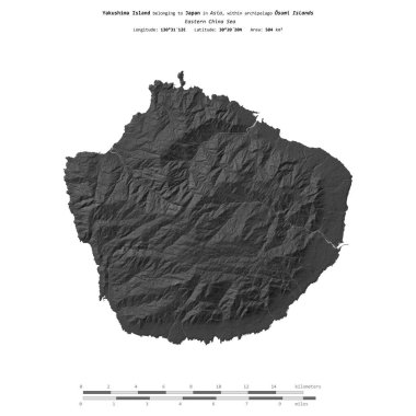 Yakushima Island in the Eastern China Sea, belonging to Japan, isolated on a bilevel elevation map, with distance scale clipart