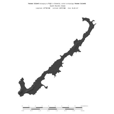 Güney Pasifik Okyanusu 'ndaki Yasawa Adası, Fiji' ye ait, bir bilek yüksekliği haritasında izole edilmiş, mesafe ölçeğinde.