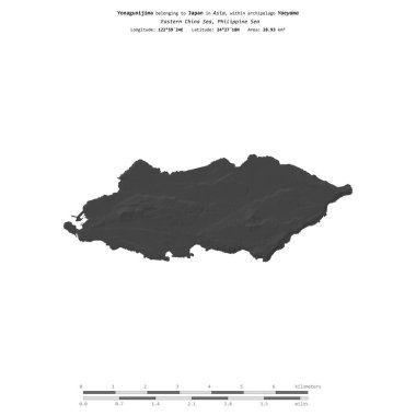 Yonagunijima in the Philippine Sea, belonging to Japan, isolated on a bilevel elevation map, with distance scale clipart