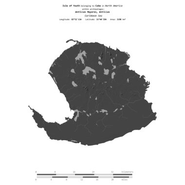 Isle of Youth in the Caribbean Sea, belonging to Cuba, isolated on a bilevel elevation map, with distance scale clipart