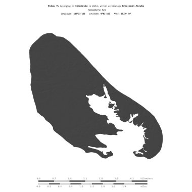 Halmahera Denizi 'ndeki Pulau Yu, Endonezya' ya ait, bir bilek yüksekliği haritasında izole edilmiş, mesafe ölçeğinde.